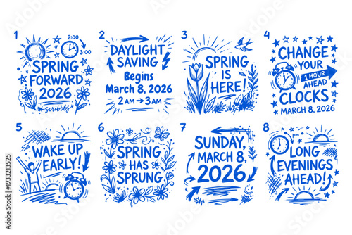 Spring Forward Daylight Saving Time March 8 2026 Collage Style Banner Clock Change Time Adjustment Set