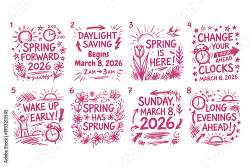 Spring Forward Daylight Saving Time March 8 2026 Collage Style Banner Clock Change Time Adjustment Set