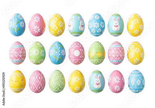 A collection of colorful easter eggs on a white background