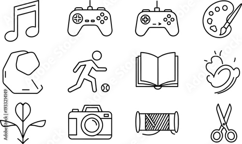 Minimalist hobby line art icon set with gaming music art and sports vector collection for web design