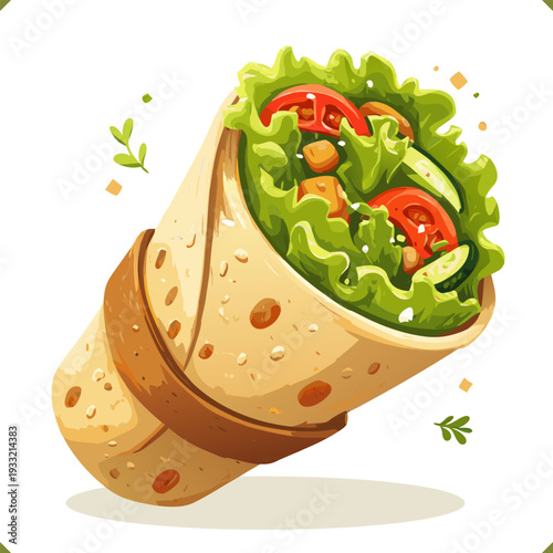 Vector illustration of doner kebab wrap with fresh vegetables and sliced meat in flatbread, street food meal isolated on a white background