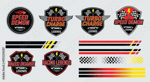 Racing themed emblems and stripes design elements for automotive branding.