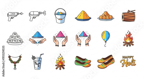 Colorful holi festival icons and symbols on transparent background