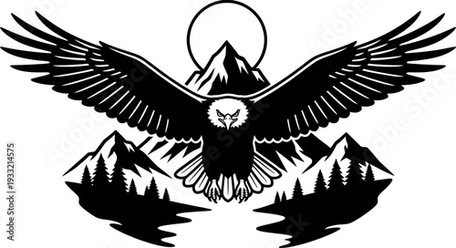 Bald eagle with spread wings flying over mountain forest landscape