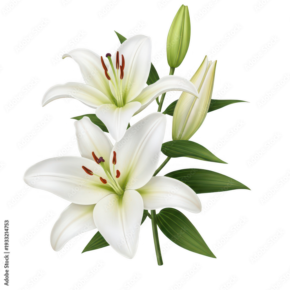 Fototapeta premium Beautiful white lilies with green leaves and buds on a white background.
