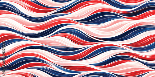 Seamless abstract wavy ribbon stripes pattern in red, white and navy blue—flowing layered curves with smooth gradients, dynamic motion background texture for wallpaper, textile print and modern design