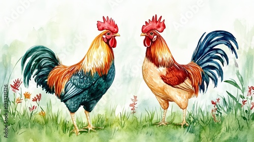 Watercolor roosters standing on grass in a sunny field with flowers and greenery all around them