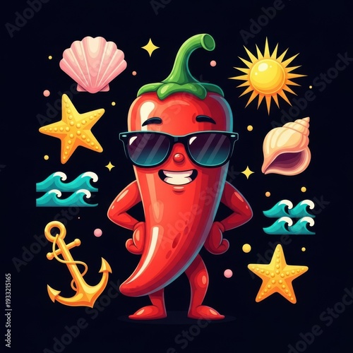 Smiling red chili pepper character wearing sunglasses surrounded by beach elements in a colorful flat illustration