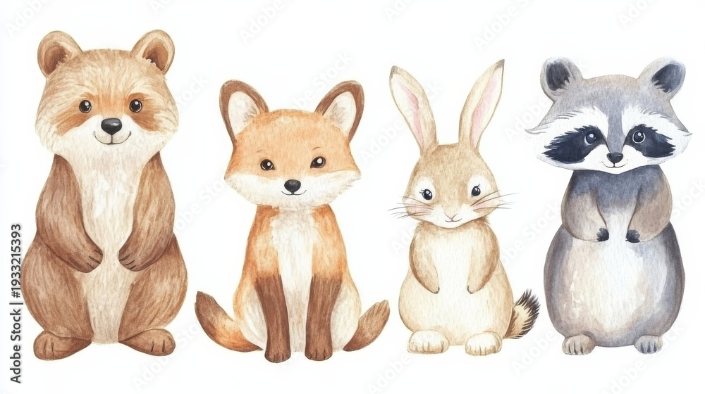 Obraz premium Woodland animals gather for fun in a playful forest scene with a bear, fox, bunny, and raccoon in a kids illustration