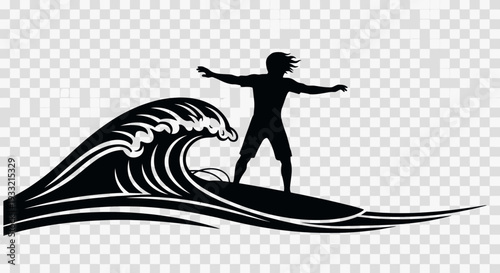 Silhouette of a surfer riding a wave with outstretched arms.