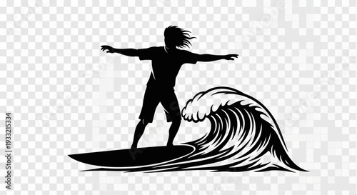 Silhouette of a surfer riding a wave with outstretched arms.