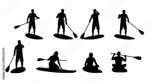 Silhouettes of people paddleboarding in various positions.