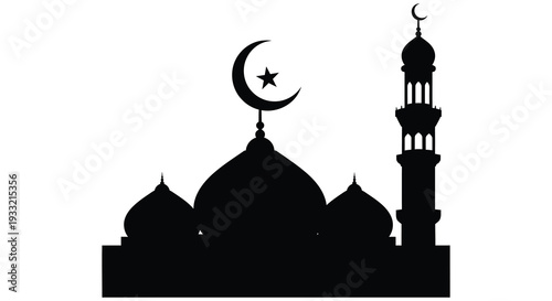 A striking black silhouette depicts a mosque crescent moon and star conveying islamic faith and tradition silhouette