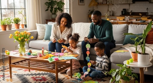 African American Parents and daughter making spring decorations, diversity and family lifestyle. Generative Ai