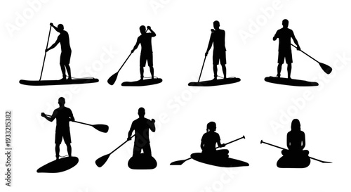 Collection of Silhouettes of People Paddleboarding in Various Poses.