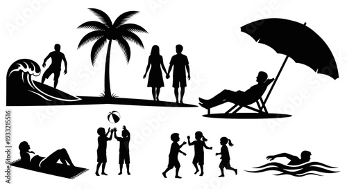 Silhouettes of people enjoying beach activities and family moments.