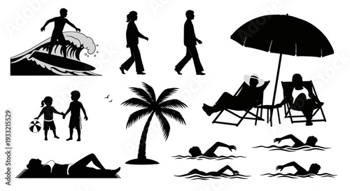 Collection of silhouetted people enjoying beach activities.