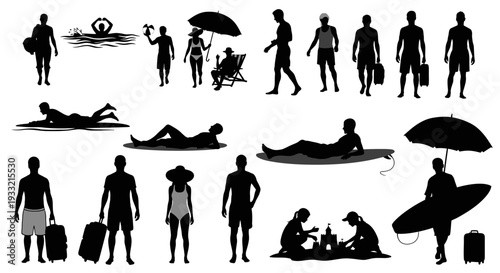 Collection of people enjoying summer vacation activities silhouettes.