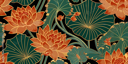 Elegant lotus flowers and leaves in a seamless art nouveau pattern