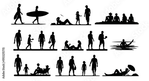 Collection of silhouetted people engaging in various leisure activities.