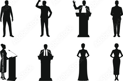 Black people silhouettes collection, male and female figures, public speaking podium poses, elegant formal attire icons for leadership and communication design