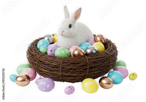 A white bunny sitting in a brown nest filled with colorful easter eggs