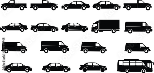 Silhouettes of vehicles pickup trucks sedans SUVs vans box trucks bus diverse transportation design illustration