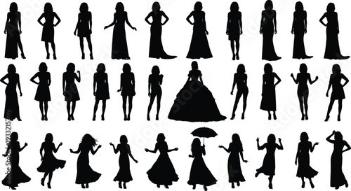 Silhouettes of women diverse poses fashion clothing dresses skirts pants gowns accessories umbrella wedding dress illustration