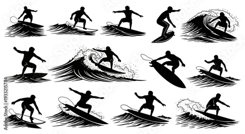 Collection of surfers riding waves in various dynamic poses.