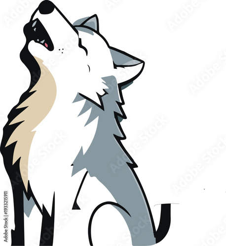 Howling wolf simplified cartoon version, flat cool color palette, die-cut white border 2