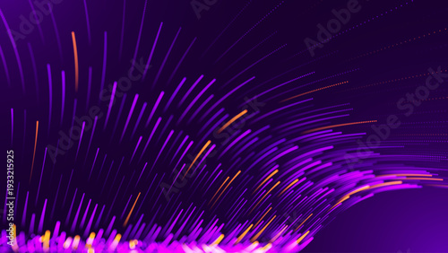 Electric Tech Glow Visualizes Data Pathways In Deep Purple And Gold. Abstract Representation Of Fiber Optic Systems For Tech And Science Background.