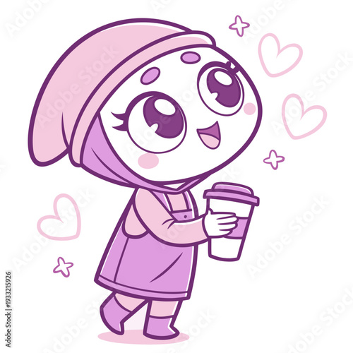 Cute Kawaii Vector Girl Holding Coffee Cup, Pastel Pink and Lavender Flat Vector for Social Media Stickers