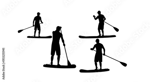 Silhouettes of people paddleboarding in various poses on calm water.