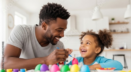 African American father and little girl decorating Easter eggs at home, seasonal celebration and loving parenting. Generative Ai