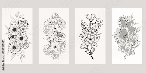Four botanical floral arrangements in grayscale presented vertically