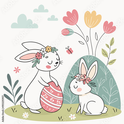 Easter Spring Vector Illustration with Cute Bunnies, Floral Wreaths, and Pastel Eggs, Flat Social Media Greeting Card