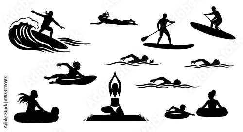 Collection of Silhouettes Depicting Various Water Sports and Meditation.