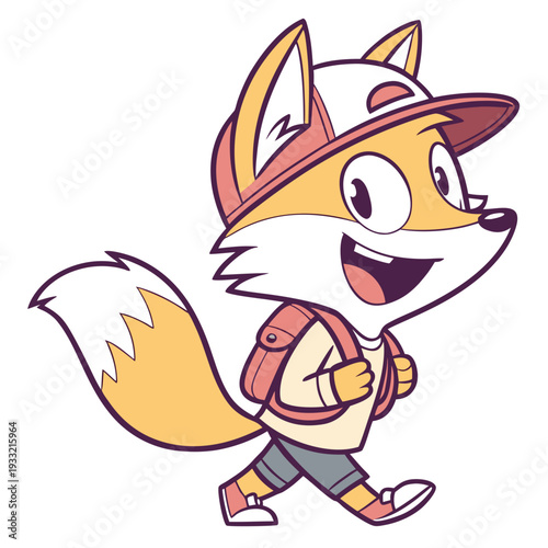 Cartoon Mascot Vector Illustration of Cheerful Fox with Backpack, Playful Flat Style for Social Media and Kids Content