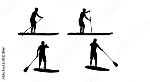 Silhouettes of people paddleboarding in various poses on calm waters.