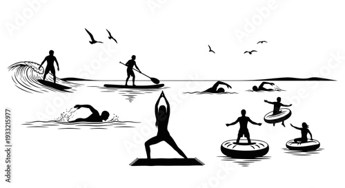 People practicing yoga and surfing on the ocean waves.