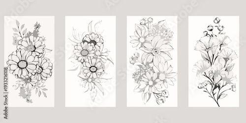 Four grayscale floral arrangements in a vertical rectangular format
