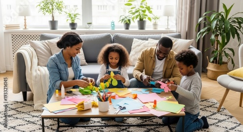 African American family creating handmade Easter decorations at home, spring creativity and joyful traditions. Generative Ai