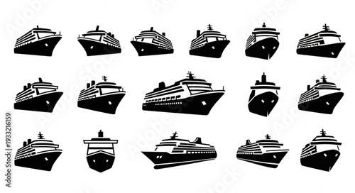 Collection of various cruise ship illustrations in black and white, perfect for travel and tourism.