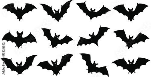 Silhouette Collection Of Flying Bats In Various Poses On White Background animal