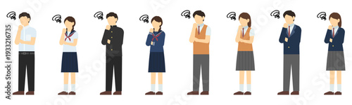 フラットイラスト：悩んでいる中高生男女セット