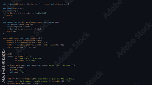 Modern Programmer Coding Screen with Hello World Program with Modern Programming Language Syntax Highlighting in Digital Code Editor Environment. Vector Illustration.