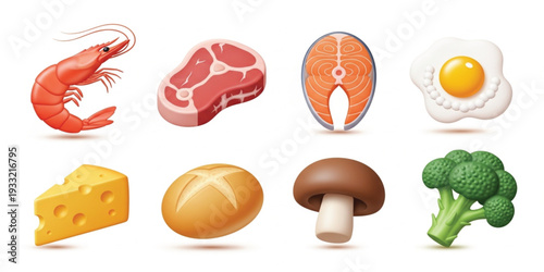 Realistic Food Icon Set with Shrimp Steak Salmon Egg Cheese Bread Mushroom and Broccoli for Menu Grocery Recipe and Restaurant Design