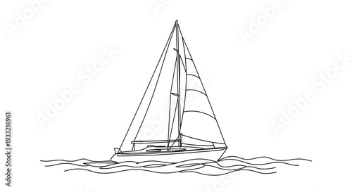 Simple Sailboat Continuous Line Art on Wavy Ocean Water