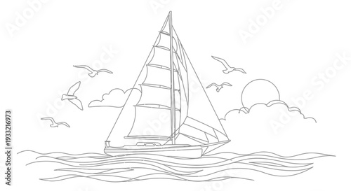 Sailboat with Seagulls and Sun Over Ocean Waves, Continuous One Line Art