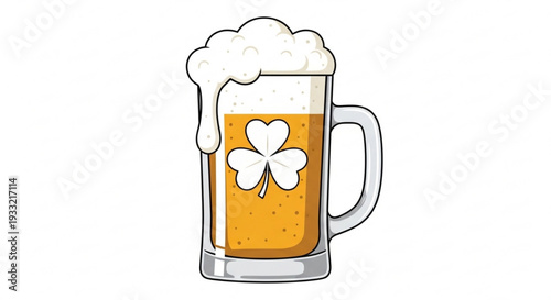 Frothy beer mug with shamrock on transparent background